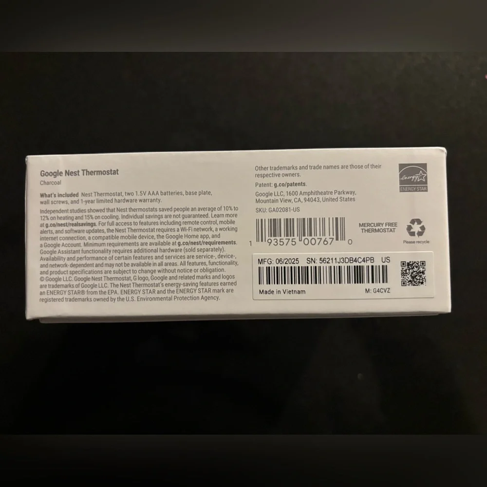 Google Nest thermostat. Charcoal. New, sealed.